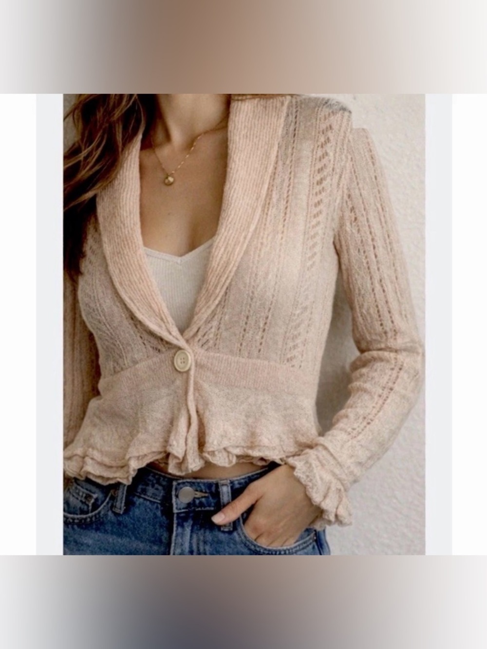 Lauren Ralph Lauren 100% Linen Ruffle Hem Cardigan Pink Romantic Cottagecore PS